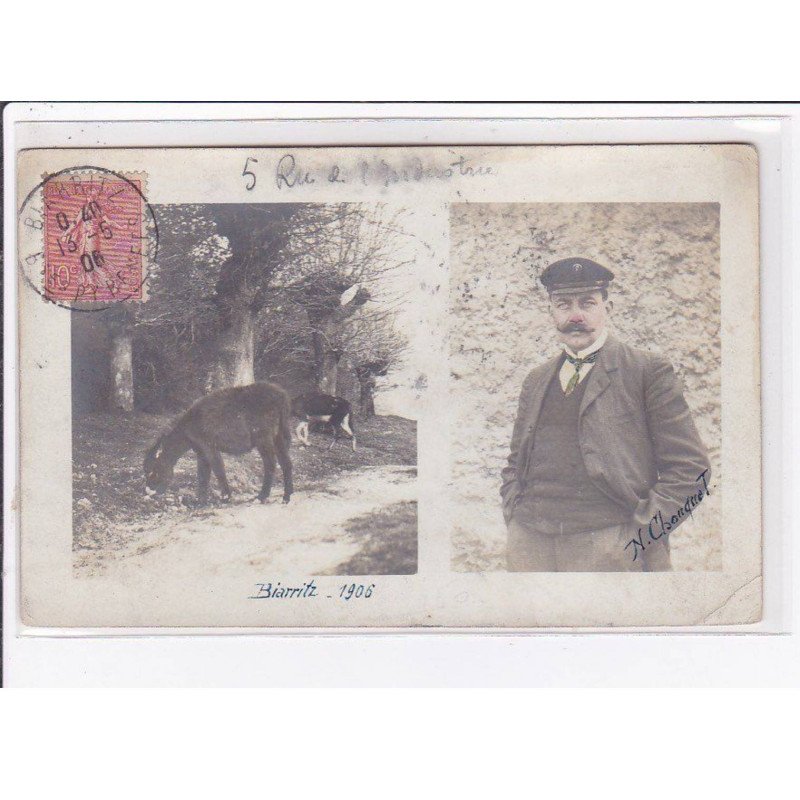 BIARRITZ : carte photo d'ânes et d'un homme au 5 rue de l'Industrie en 1906 - bon état BIARRITZ : carte photo d'ânes et d'un homme au 5 rue de l'Industrie en 1906 - bon état