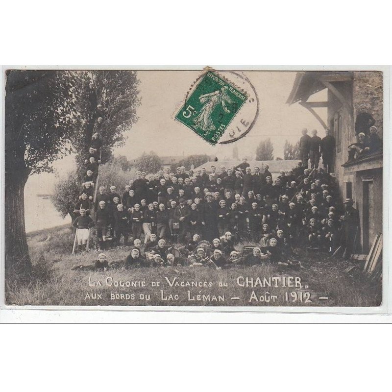 carte photo de la colonie de vacances du Chantier aux bords du Lac Léman en 1912 - très bon état