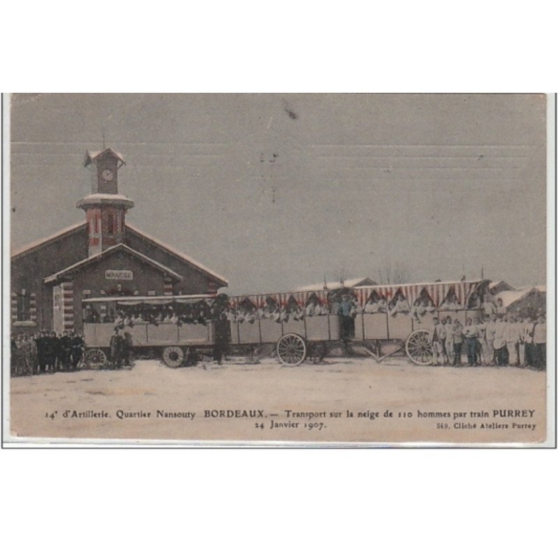 BORDEAUX : transport sur la neige de 110 hommes par train Purrey au """"quartier Nansouty"""" - bon état (une léger pli)