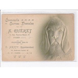 PUBLICITE  : magasin d'évantails et cartes postales GUERET à Paris (Hefty représentant) (chien - gaufrée) - état