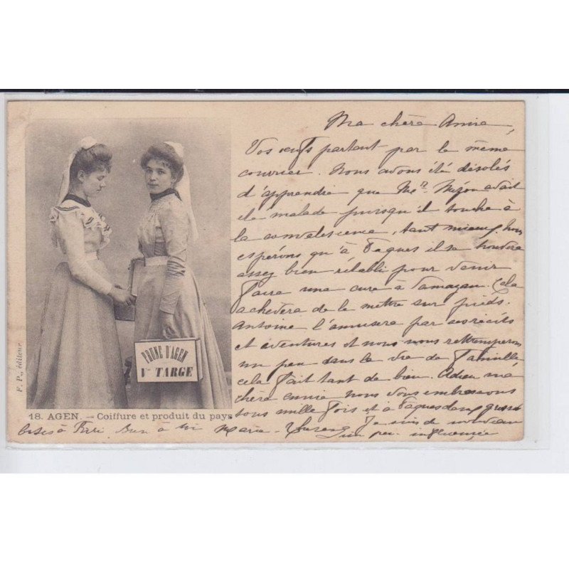 AGEN: coiffure et produit du pays, prune d'agen Ve tirage, publicité targe - état