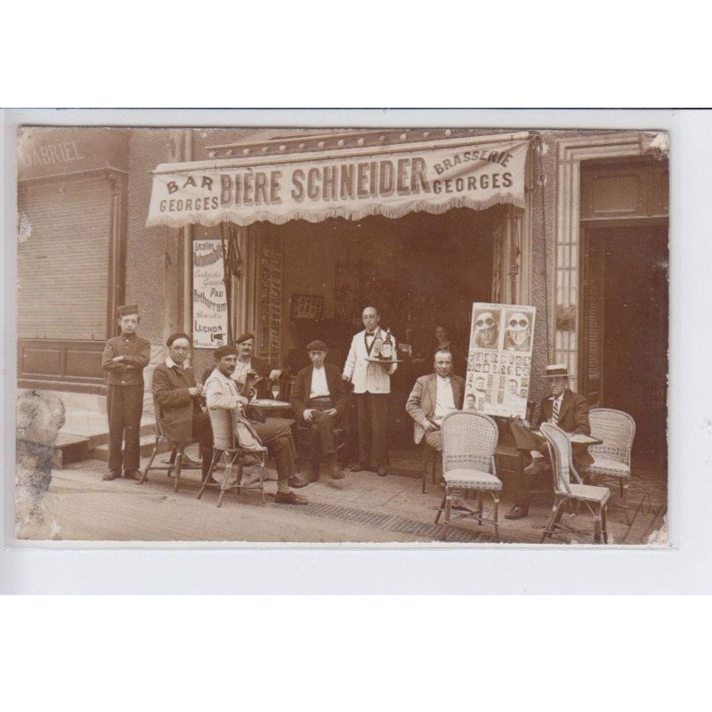 PYRENEES-ATLANTIQUES : carte photo du bar Georges, biere schneider, vélo, cyclisme - état