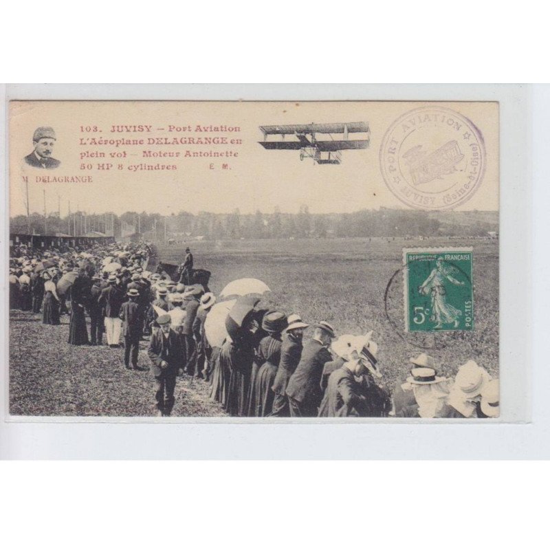 JUVISY: port aviation l'aéroplane delagrange en plein vol, moteur antoinette 50hp 8cylindres - très bon état