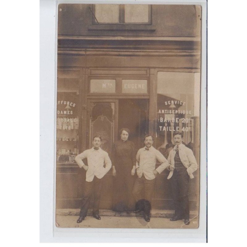 FRANCE: saumur 2 rue saint-jean(?), M. Eugene salon coiffure, service antiseptique barbe 20c, taille 40c - état