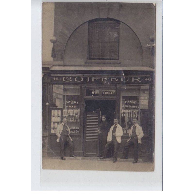 FRANCE: coiffeur M. Eugene, coiffure de dames nettoyage tête service antiseptique barbe 20c taille 40c - état