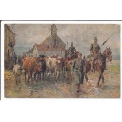 MILITAIRE: ww1 - soldats et cavaliers traversant village, vaches, dessin colorié - très bon état