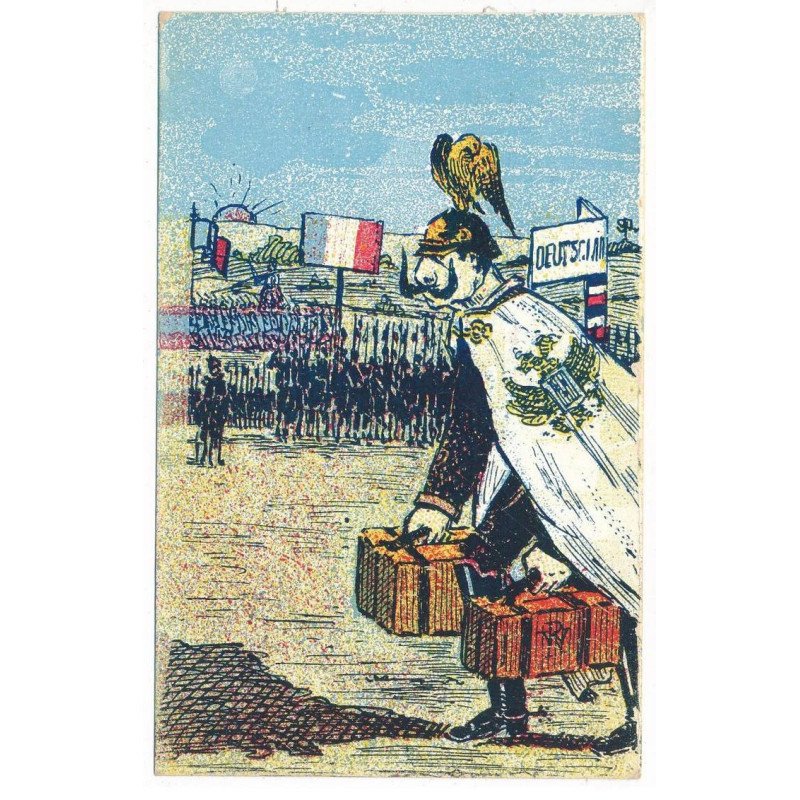 MILITAIRE: ww1 - dessin, drapeau français, militaire allemand portant des valises - très bon état