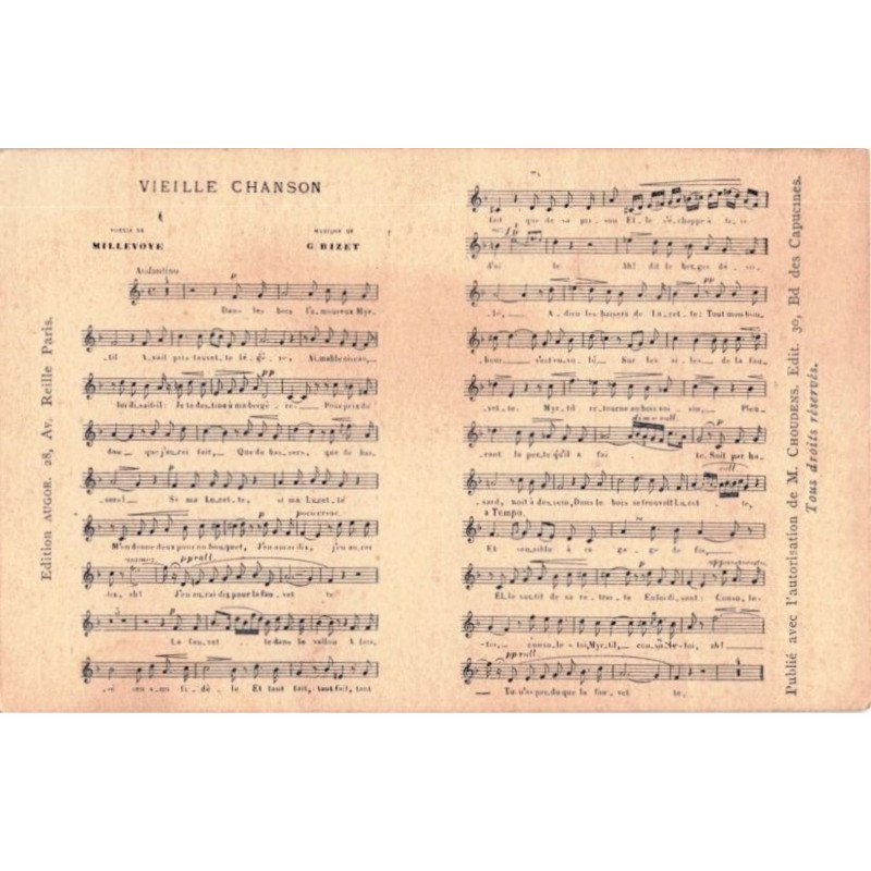 CHANSONS: vieille chanson, millevoye, bizet - très bon état