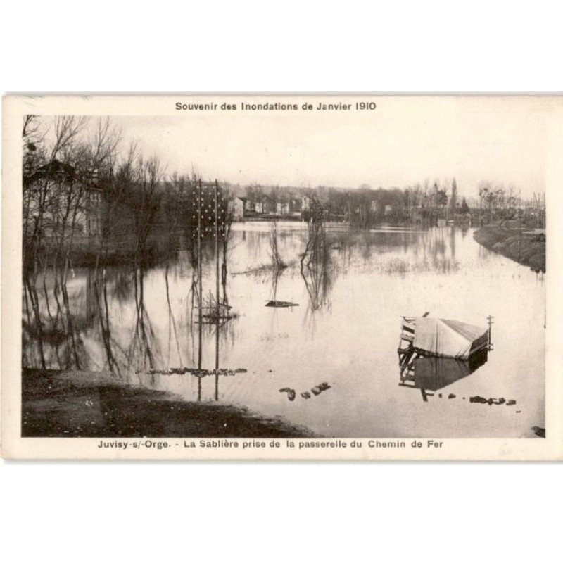 JUVISY: inondation janvier 1910, la sablière prise de la passerelle du chemin de fer - très bon état