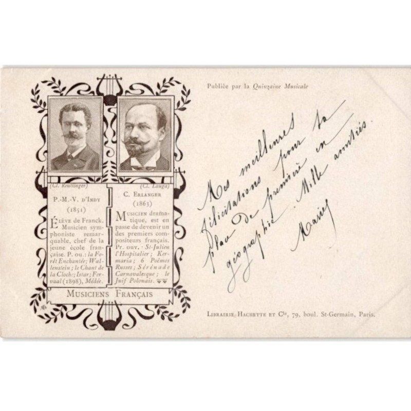 COMPOSITEUR - spectacle et musique: musiciens français P.M.V. D'Indy, C. Erlanger - très bon état