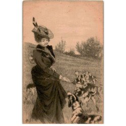 MUSIQUE: dessin, femme et h-chiens de chasse - très bon état