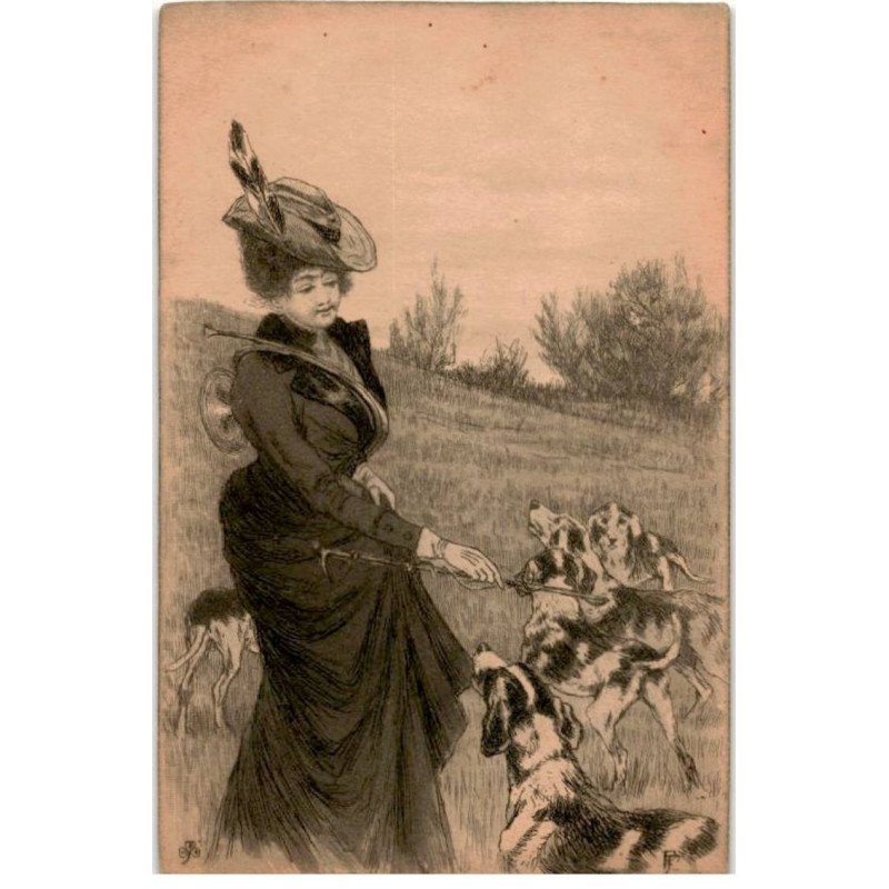 MUSIQUE: dessin, femme et h-chiens de chasse - très bon état