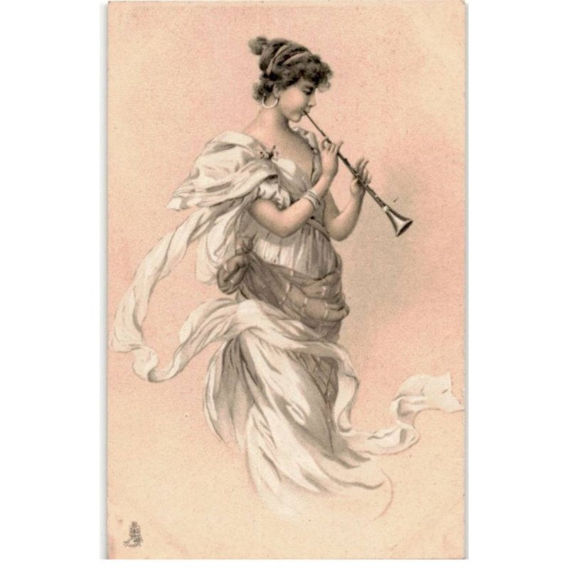 MUSIQUE: femme flutiste, dessin - très bon état