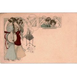 MUSIQUE: dessin, femmes, tambourine - très bon état