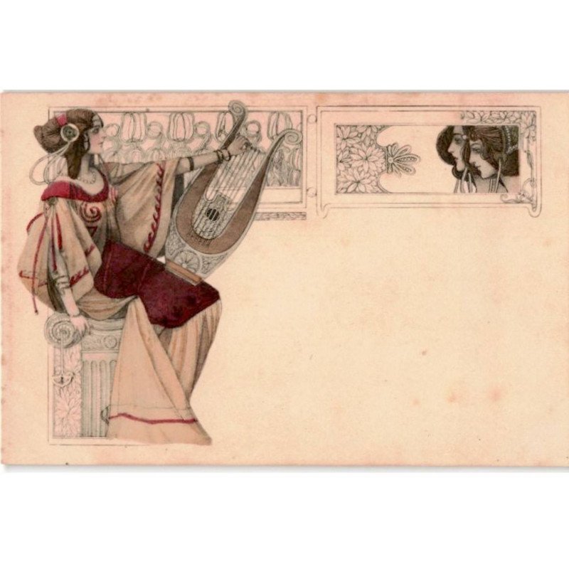 MUSIQUE: dessin, femmes, petite harpe - très bon état