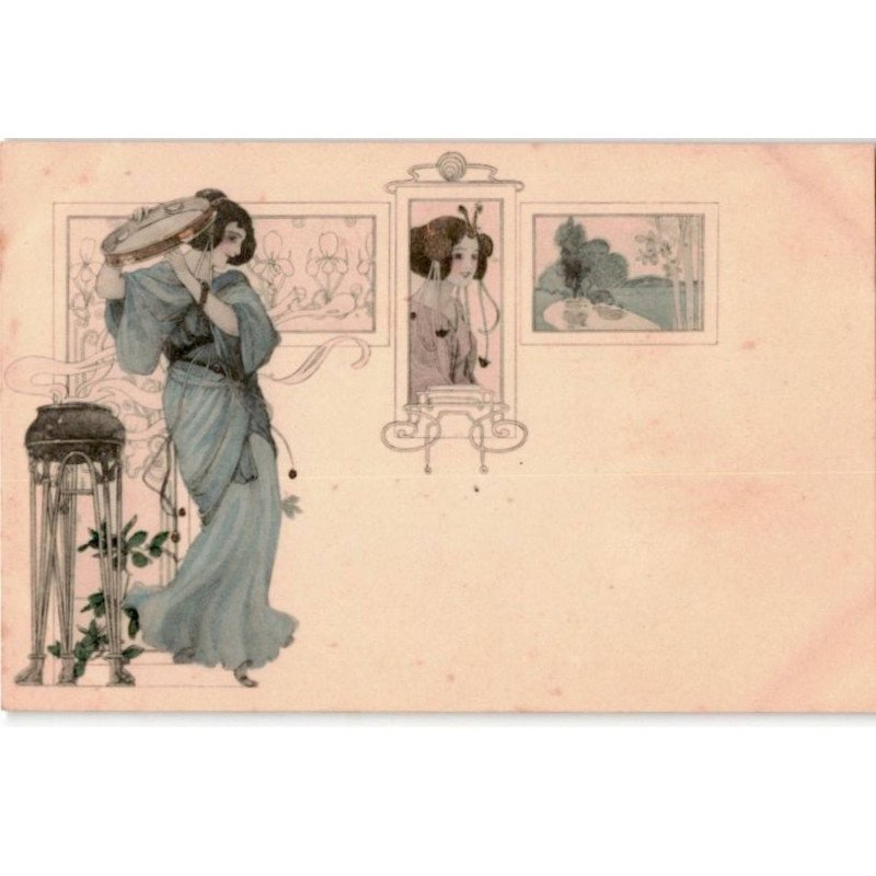 MUSIQUE: dessin, femmes, tambourine - très bon état