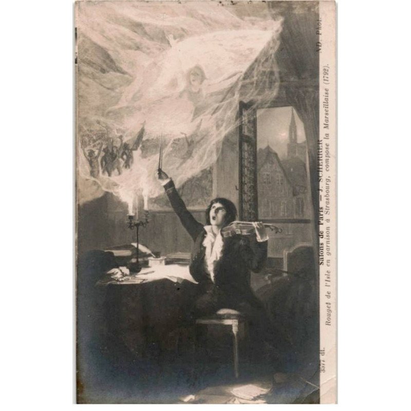 MUSIQUE: dessin, salon paris J. Scherrer rouget de l'isle en garnison à strasbourg compose marseillaise - très bon état