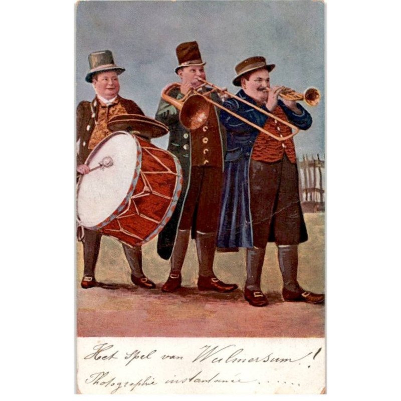 MUSIQUE: dessin, musiciens, grosse caisse, trombone, trompette - très bon état