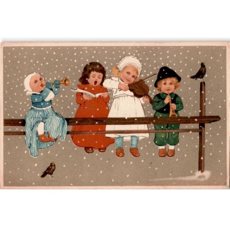 MUSIQUE: dessin, enfants sous la neige jouant de la musique - état