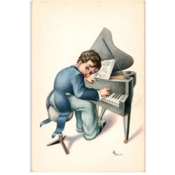 MUSIQUE: dessin, bébé au piano - bon état