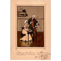 MUSIQUE: dessin, femme au piano et homme au violon - très bon état