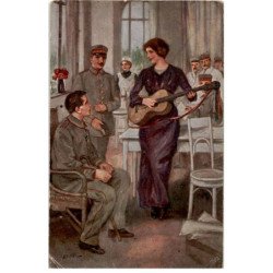 MUSIQUE: dessin, femme jouant guitare pour militaires - état