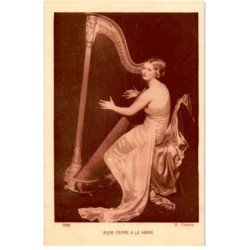 MUSIQUE: dessin, jeune femme à la harpe - très bon état