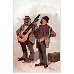 MUSIQUE: dessin, 2 musiciens, guitare et accordéon - très bon état
