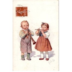 MUSIQUE: dessin, deux bébés jouant d'instrument à vent - état