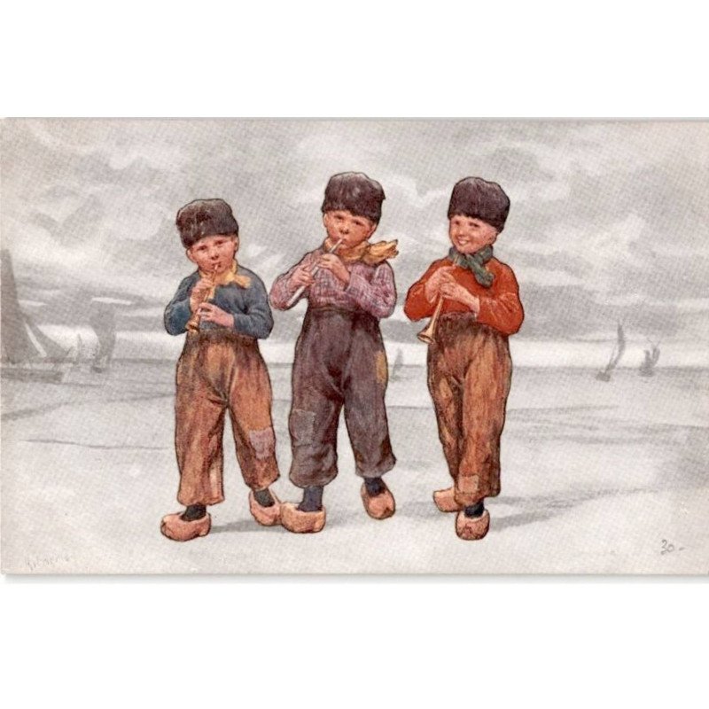 MUSIQUE: dessin, 3 enfant flutistes - très bon état