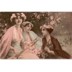 MUSIQUE: dessin, 3 musiciennes - très bon état