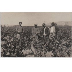 OLONZAC : carte photo d' agriculteurs vaporisant un produit sur les vignes vers 1910 - très bon état