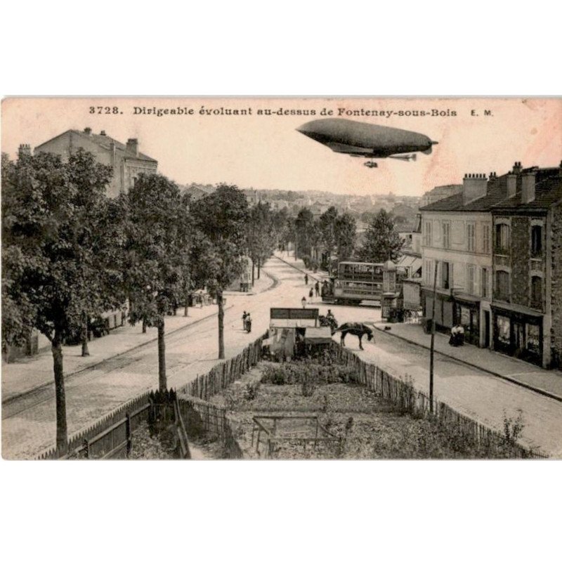 TRANSPORT: chemin de fer, tramway, dirigeable évoluant au-dessus de fontenay-sous-bois - très bon état