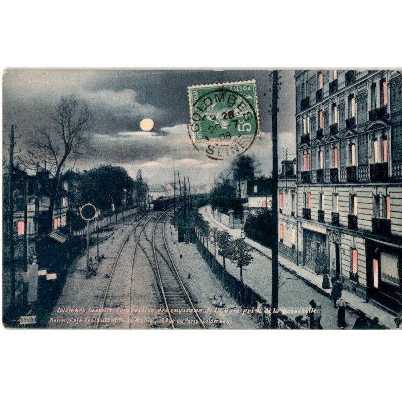 COLOMBES: la nuit, perspective des environs de la gare prise de la passerelle - bon état