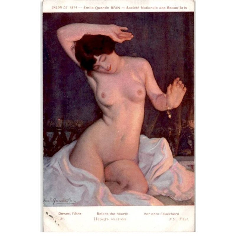 NUS ILLUSTRES: salon de 1914 Emile-Quentin Brin, société nationale des beaux-arts devant l'âtre - très bon état