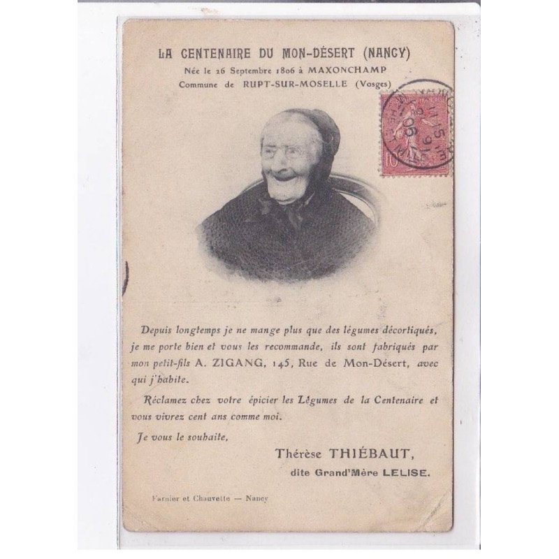 NANCY: la centenaire du mon-désert née le 26 septembre 1806 Thérèse Thiébaut - état