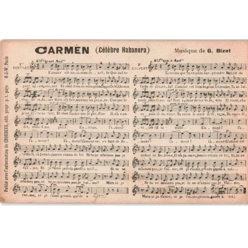 COMPOSITEUR: Carmen, célèbre habanera, musique de Bizet - très bon état