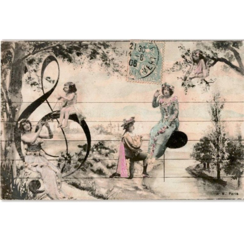 MUSIQUE: personnages sur une partition, artistique - très bon état