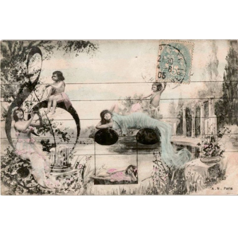 MUSIQUE: personnages sur une partition, artistique - très bon état