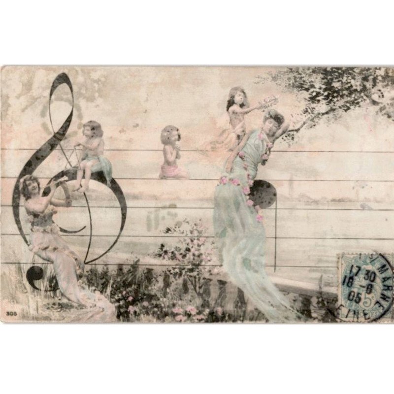 MUSIQUE: personnages sur une partition, artistique - bon état