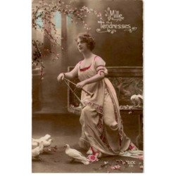 MUSIQUE: Mille tendresse, femme avec 2 flutes, oiseaux - très bon état