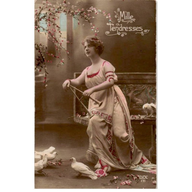 MUSIQUE: Mille tendresse, femme avec 2 flutes, oiseaux - très bon état