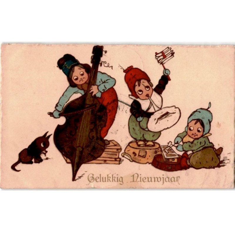 MUSIQUE: gelukkig nieumjaar, enfants musiciens, dessin - très bon état