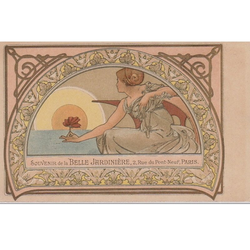 MUCHA Alphonse : "femme et nénuphares" vers 1900 (avec publicité pour la Belle Jardinière) - bon état (légère pati