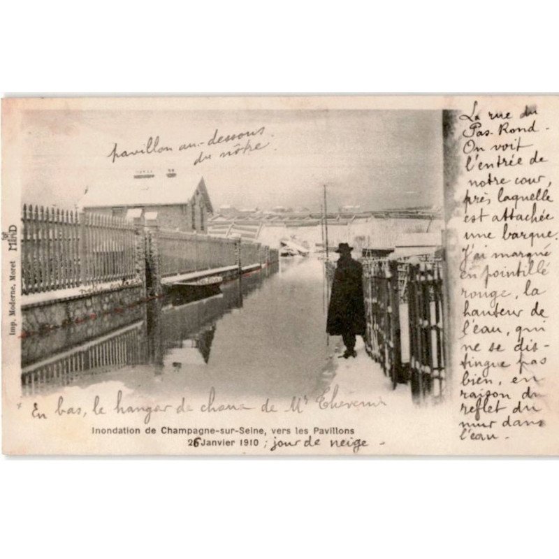CHAMPAGNE-sur-SEINE: inondation, vers les pavillons 26 janvier 1910, jour de neige - état bon état