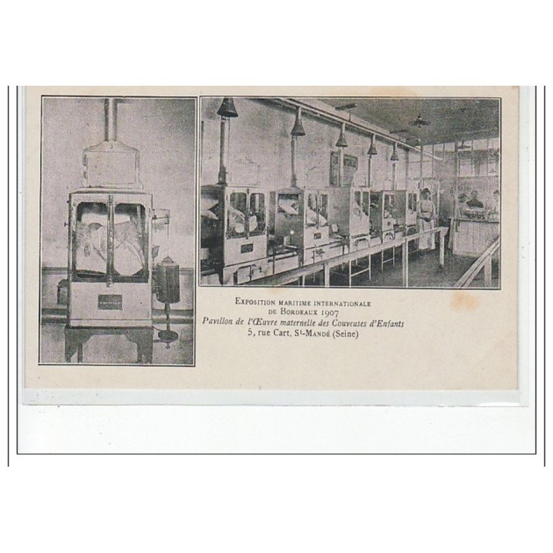BORDEAUX - Exposition Maritime 1907 - Pavillon de l'Oeuvre Maternelle des couveuses d'enfants - état (traces au dos)