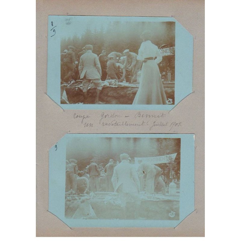 Coupe GORDON BENNET 1905 : lot de 5 cartes photos dans les pages d'album d'origine (course automobile) - très bon état