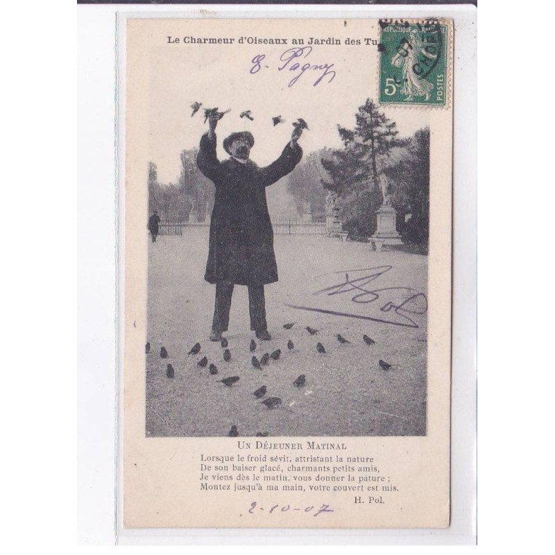 PARIS: 75001 le charmeur d'oiseau au jardin des tuileries, autographe H. Paul -  état