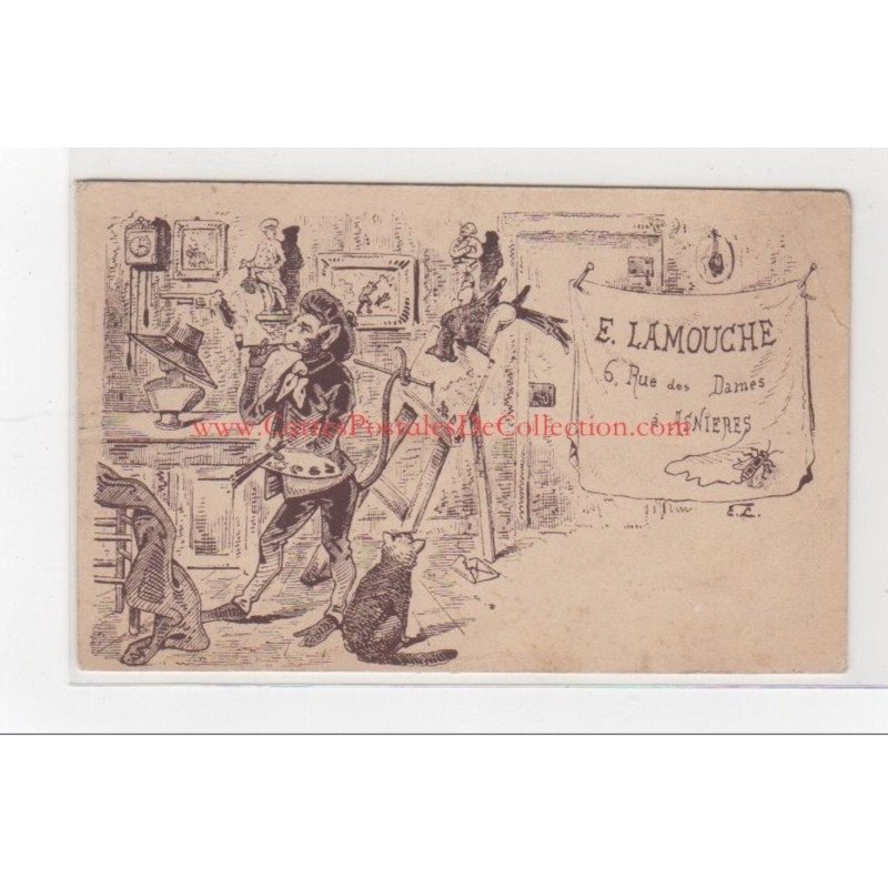 ASNIERE : carte postale illustrée par LAMOUCHE (chat-singe- peinture) -  bon état (un coin plié)