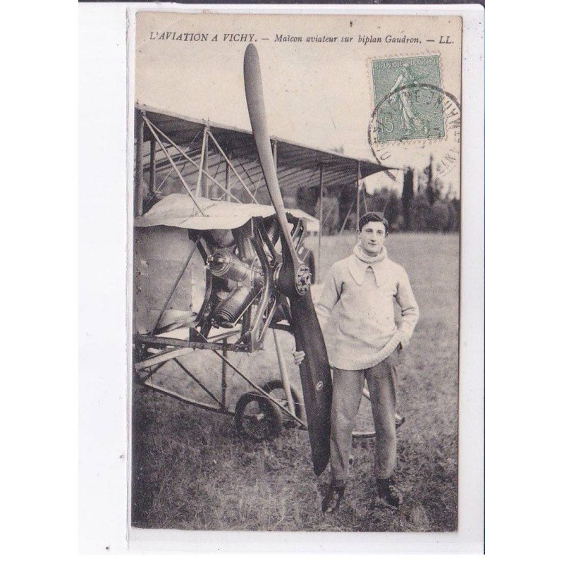 VICHY: aviation, maïcon aviateur sur biplan gaudron - état